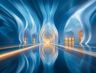 Ethereal blue hall with golden glows, A visionary architectural wonder blending futuristic design with subtle ornamental elements and fluid symmetry
