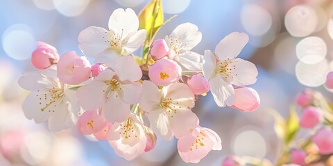 Close Up of Delicate Pink and White Cherry Blossoms, Sunlight Bokeh Background, Spring Flowers