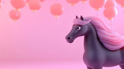 Colorful cartoon horse with pink mane posing under floating lanterns in a whimsical environment