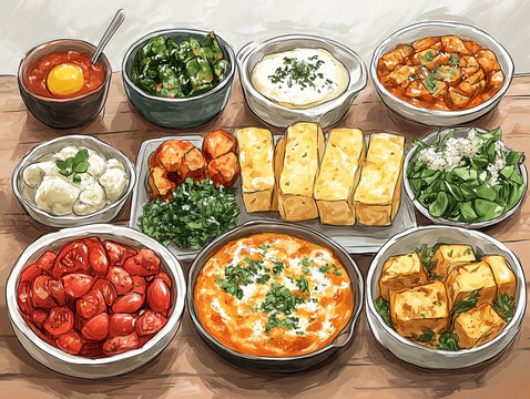 Cartoon food image: hand-drawn kitchen setup with plates of food and fresh ingredients.
