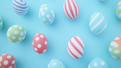 Fototapeta premium Patterned colorful eggs floating on a white background with a blue backdrop. Easter greeting card. Banner.