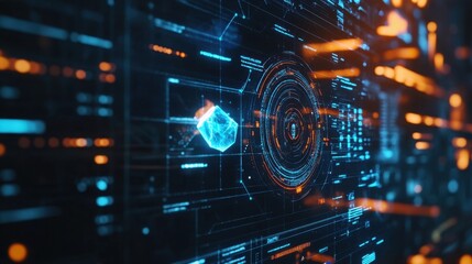 Dynamic representation of a high tech digital interface featuring glowing geometric shapes and intricate circuit patterns, illustrating advanced technology and data visualization concepts