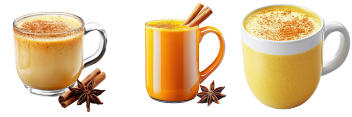 Three unique cups of warm, spiced beverages featuring vibrant colors and garnished with cinnamon sticks, inviting comfort and warmth.