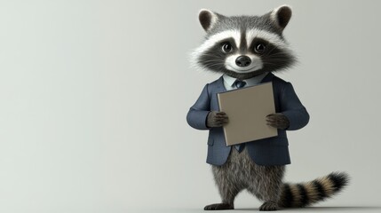 Raccoon businessman holding folder, neutral background, business concept