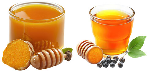 A close-up of honeycomb and jars of natural honey, showcasing rich colors and textures, perfect for food-related themes.