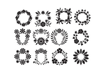 A set of floral frames in a bold, clean silhouette style. Each frame has intricate floral decorations and features a central dividing line, creating a balanced composition. Designed in vector