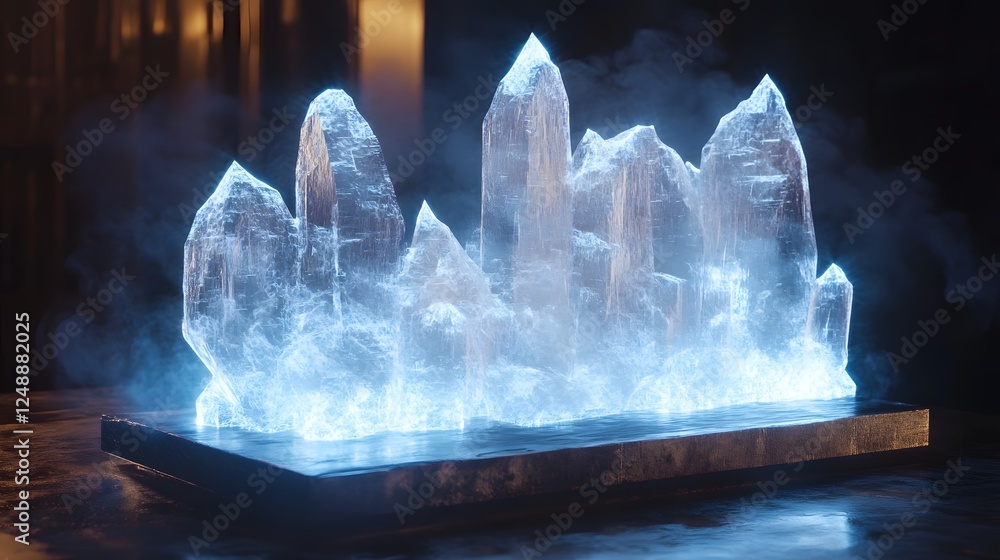 Poster polygon modeling 3d shapes displayed on a digital screen showcasing a crystal with blue light and ge