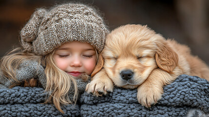 Adorable girl and Golden Retriever puppy snuggle together, eyes closed, wrapped in cozy knit blankets.  Perfect for themes of friendship, childhood, pets, winter, and heartwarming moments.