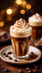 A luxurious whipped cream-topped coffee beverage, beautifully presented in an elegant glass mug.