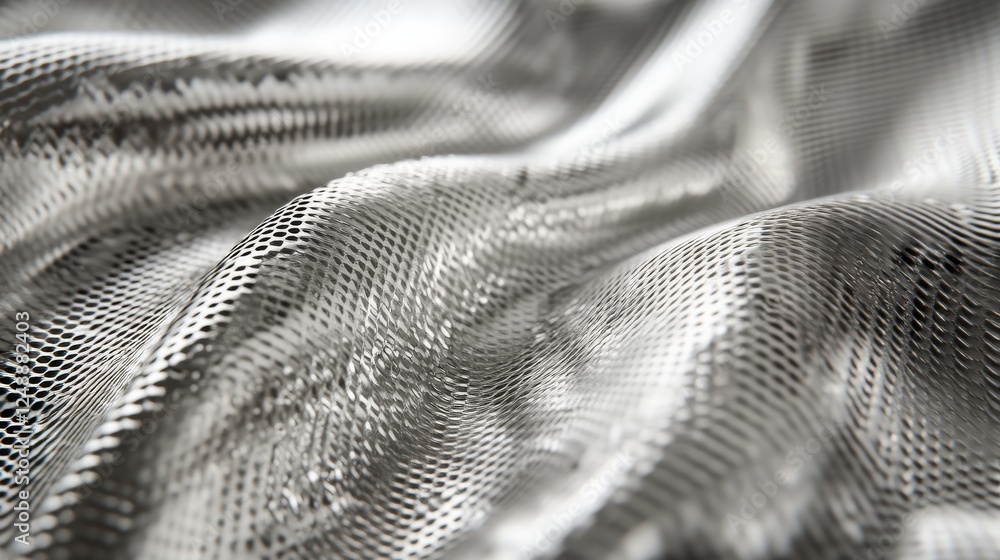 Poster silver metallic fabric with hexagonal pattern is draped and textured