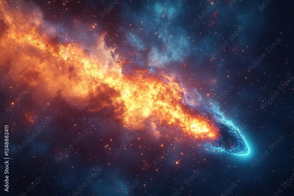 Wall mural spectacular cosmic impact scene with massive meteorite trailing blue plasma colliding with nebula cl