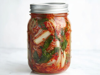 Fermented kimchi in glass jar with vibrant colors
