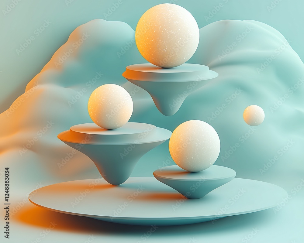 Poster abstract spheres on textured platforms; modern design; display mockup; possible product presentation
