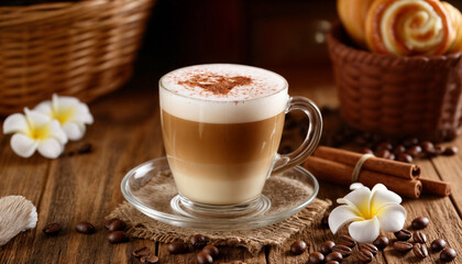 A beautifully presented cup of cappuccino or latte with frothy milk foam, dusted with cocoa or cinnamon, served in a clear glass mug on a rustic wooden table