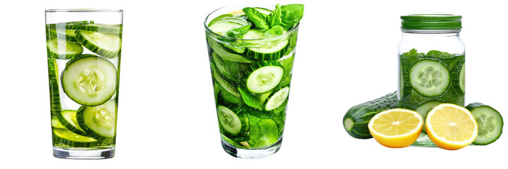 Refreshing cucumber drinks and slices, perfect for hydration and summer vibes. Ideal for health and wellness promotions.