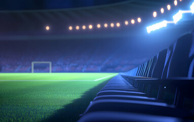 Illuminated stadium seats perspective showcasing the field, goalpost, and blurred spectators anticipation before a soccer match