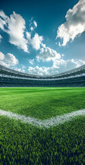 Fototapeta premium Verdant stadium under a bright sky evokes the anticipation of athletic events and community gathering, a fresh field with a promise of great games
