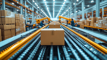 Automated factory conveyor belt, boxes moving efficiently, modern warehouse. Industrial automation logistics shipping distribution manufacturing technology robotic arm packaging production line