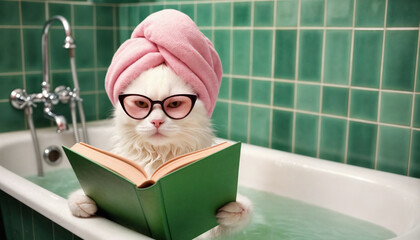 A humorous and adorable image of a white cat lounging in a vintage-style bathtub with green tiles in the background.