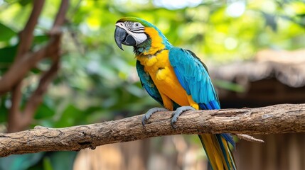 Obraz premium Close-up of a macaw with vibrant feathers perched on a tropical branch