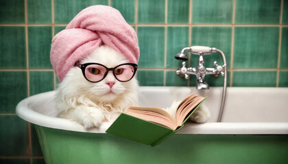 A humorous and adorable image of a white cat lounging in a vintage-style bathtub with green tiles in the background.