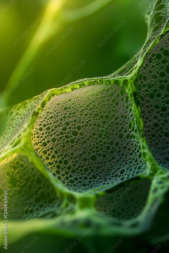 Poster close-up macro shot of green soap bubbles with water droplets, highlighting the intricate patterns a