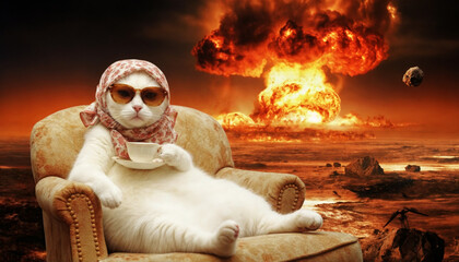 A hilariously surreal image of a white cat lounging in a chair, wearing sunglasses and a headscarf, casually sipping tea while a massive explosion erupts in the background