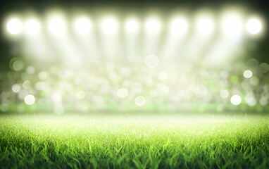 Obraz premium Lush green field bathed in the radiant glow of stadium lights, creating an atmosphere of excitement, anticipation and the thrill of victory.