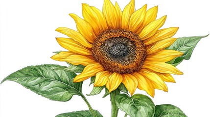 Obraz premium Vibrant sunflower with detailed petals and leaves against a white background, perfect for nature themes