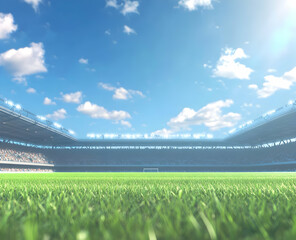 Fototapeta premium Vibrant Soccer Arena, Energetic Crowd and Lush Green Field Under a Bright Blue Sky, Evoking the Thrill of a Competitive Match