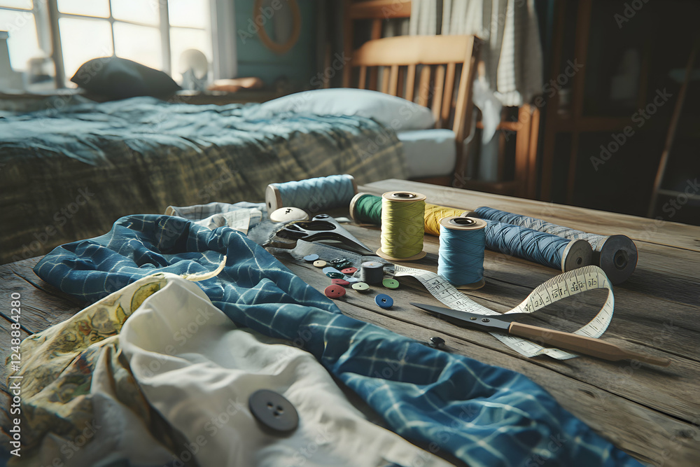 Poster a tranquil sewing setting showcasing threads, fabrics and tools on a weathered wooden table within a