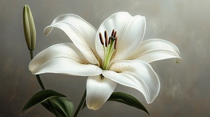 A stunning close-up of a white lily in full bloom, showcasing delicate petals and green leaves against a soft background