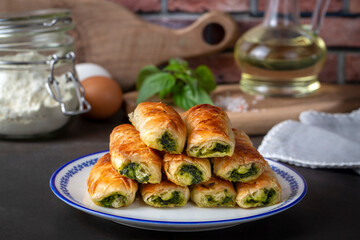 Turkish Tepsi Boregi, Round Borek, Tray pastry (Turkish name; rulo borek - sigara boregi). Spinach Pie.