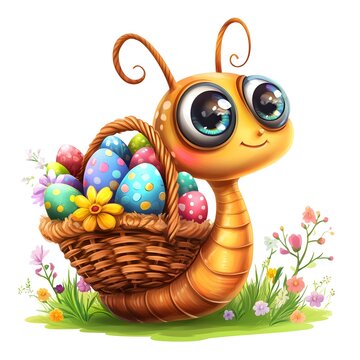 A cheerful snail with oversized eyes brings a basket filled with vibrant Easter eggs while surrounded by delicate flowers in a bright spring landscape.