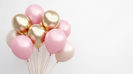 Pink, white and gold balloons on a white background, festive banner for a birthday or other event. Banner template for advertising web design