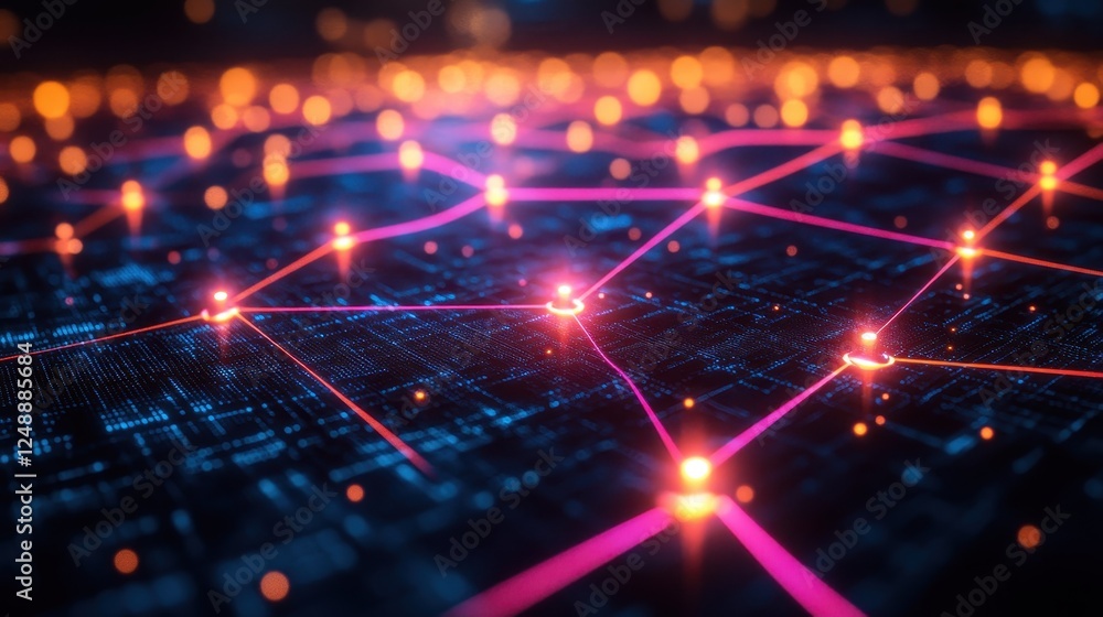 Poster Global network connections; data flows, glowing nodes