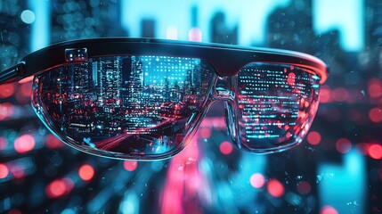 Futuristic glasses reflecting a city skyline with augmented reality code overlay.