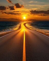 Fototapeta premium Road Achievement Radiance by Sunlit Open Roads Symbolizing Success and Personal Growth of Winding road by the ocean at sunset