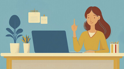 representation of a business woman during office hours working in her laptop. Vector image. I have an idea