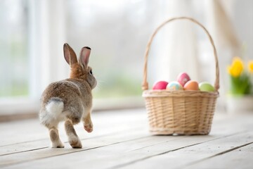 A playful bunny hops away, leaving only its fluffy tail and back paws visible against a natural background.