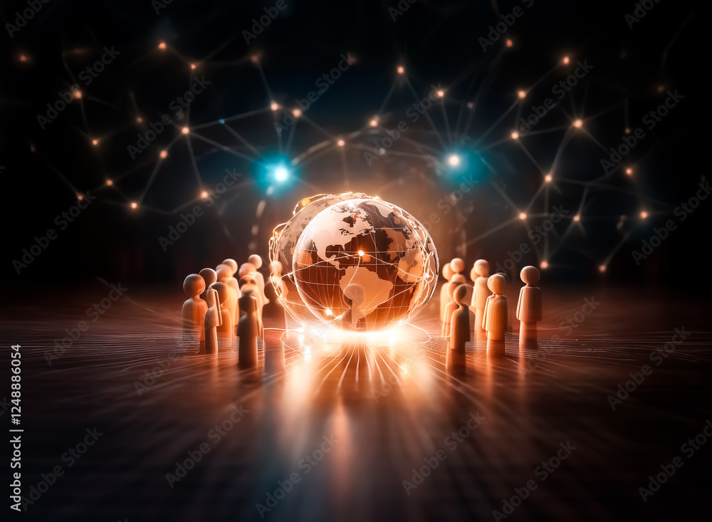 Leinwandbilder illuminated globe in the center surrounded by people figures, creating a global community concept wi