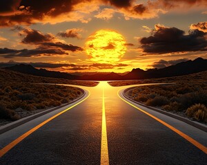 Naklejka premium Road Achievement Radiance by Sunlit Open Roads Symbolizing Success and Personal Growth of Sunset over a winding road in a scenic landscape.