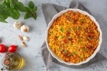 Traditional North American dish. Baked pasta with cheese.