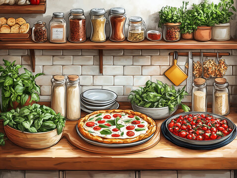 Cartoon food image: a kitchen-themed illustration with plates of food and cooking tools.