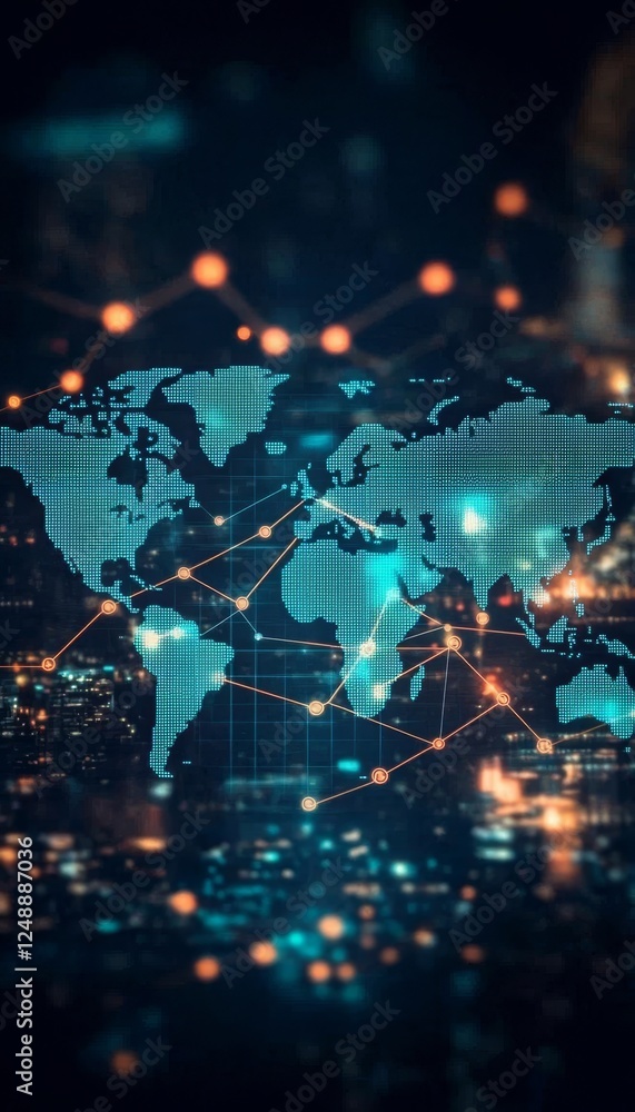 Poster global network connections. digital world map with connection lines and glowing data points
