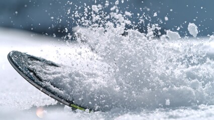 Detail of a ski with snow flying in the air , sunny day on the mountains