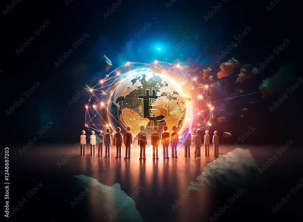 Aufkleber a group of people stands encircling a glowing globe, interconnected with bright nodes in dark space.