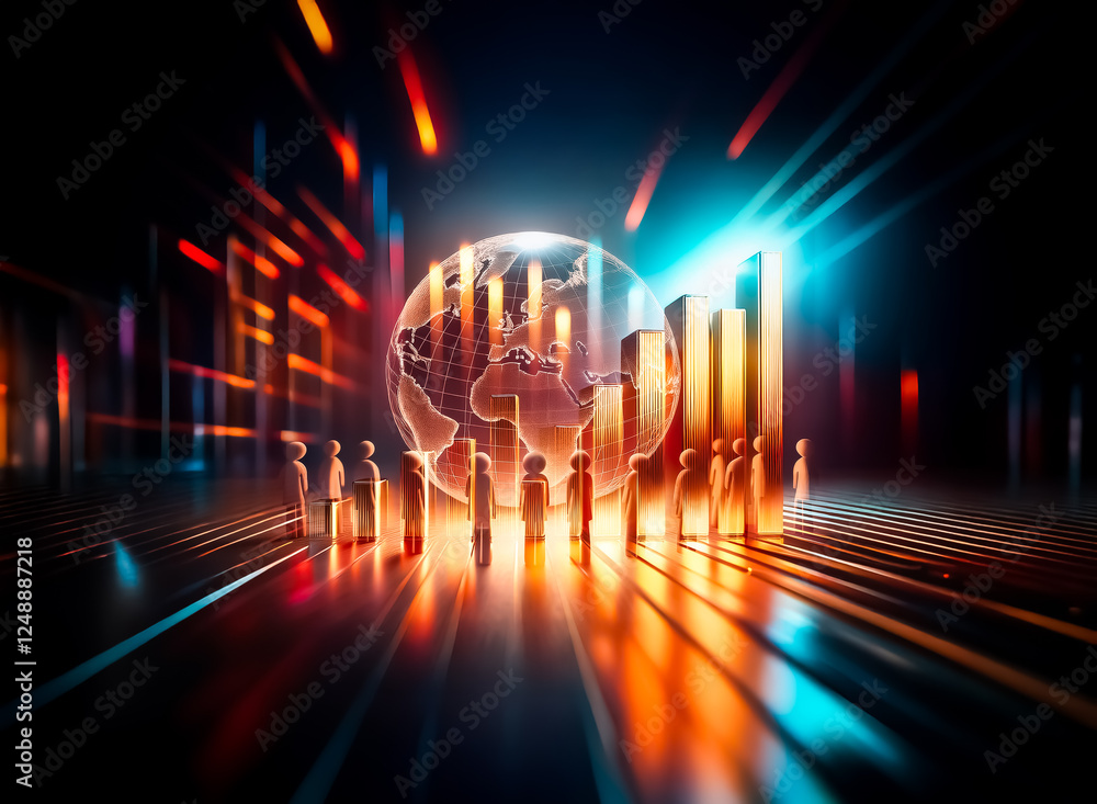 Poster illuminated figures encircle a glowing globe on a dark plane. light radiates upwards, accentuating t