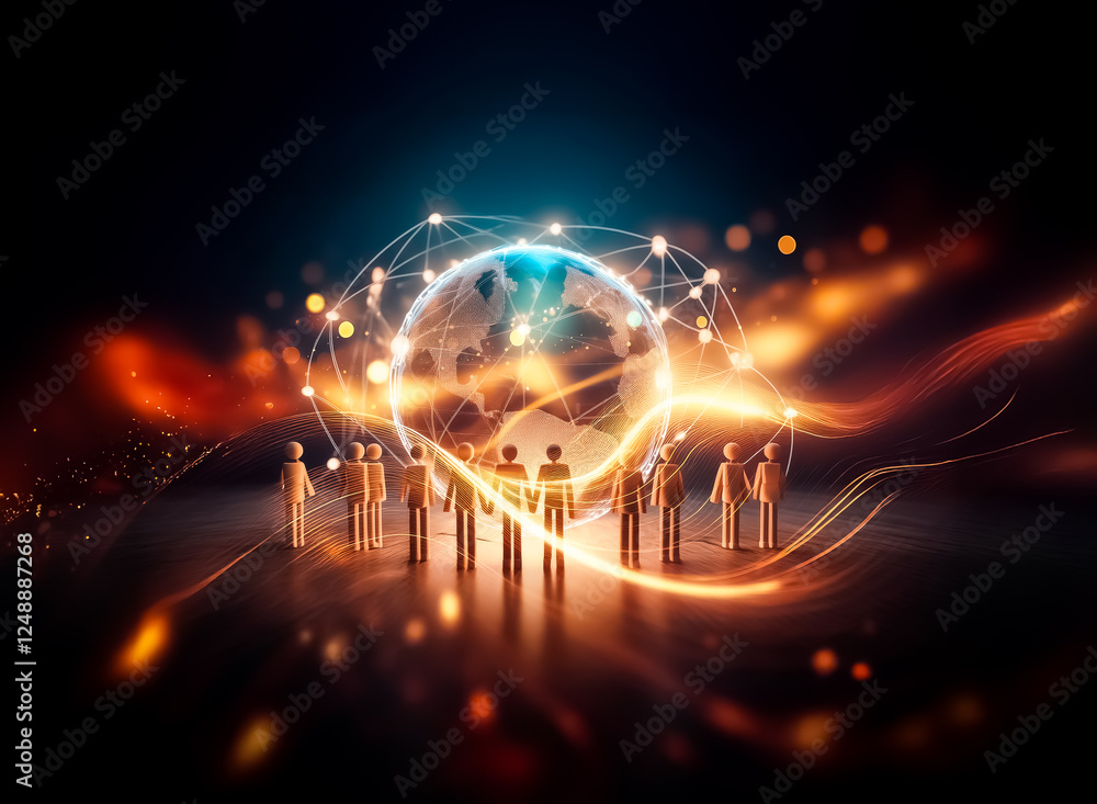 Aufkleber A group of figures encircles a glowing globe, interconnected by bright nodes and lines against a dark backdrop, symbolizing global network and unity.