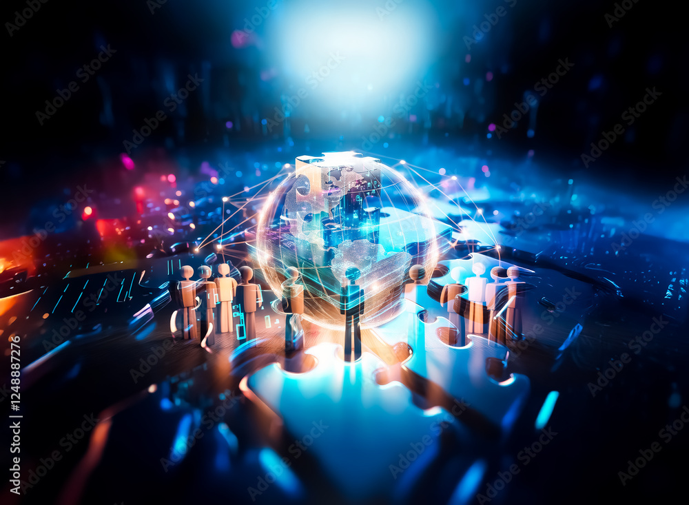 Fototapete Illuminated globe with network lines surrounded by figures in a dark space. Represents global connection and unity.